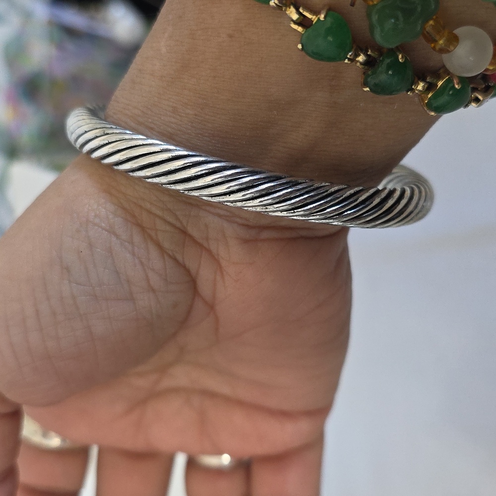 Statement Silver Steel Cable Bracelet Split Openi… - image 8